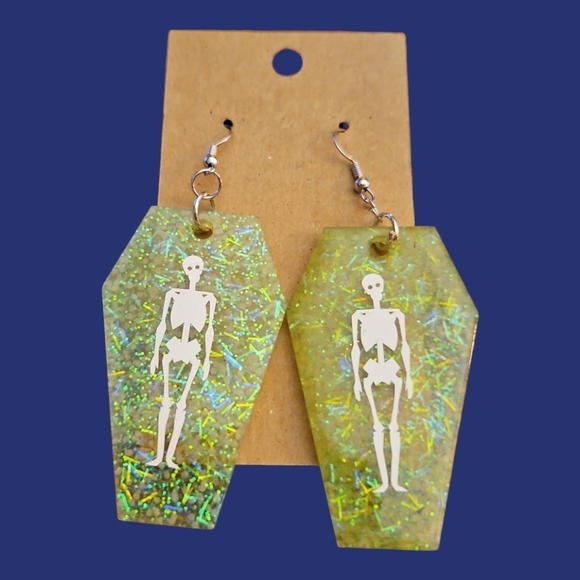 3/$20 Glow in the Dark Metallic Neon Resin Skelton Coffin Gasparilla Earrings - Picture 1 of 3